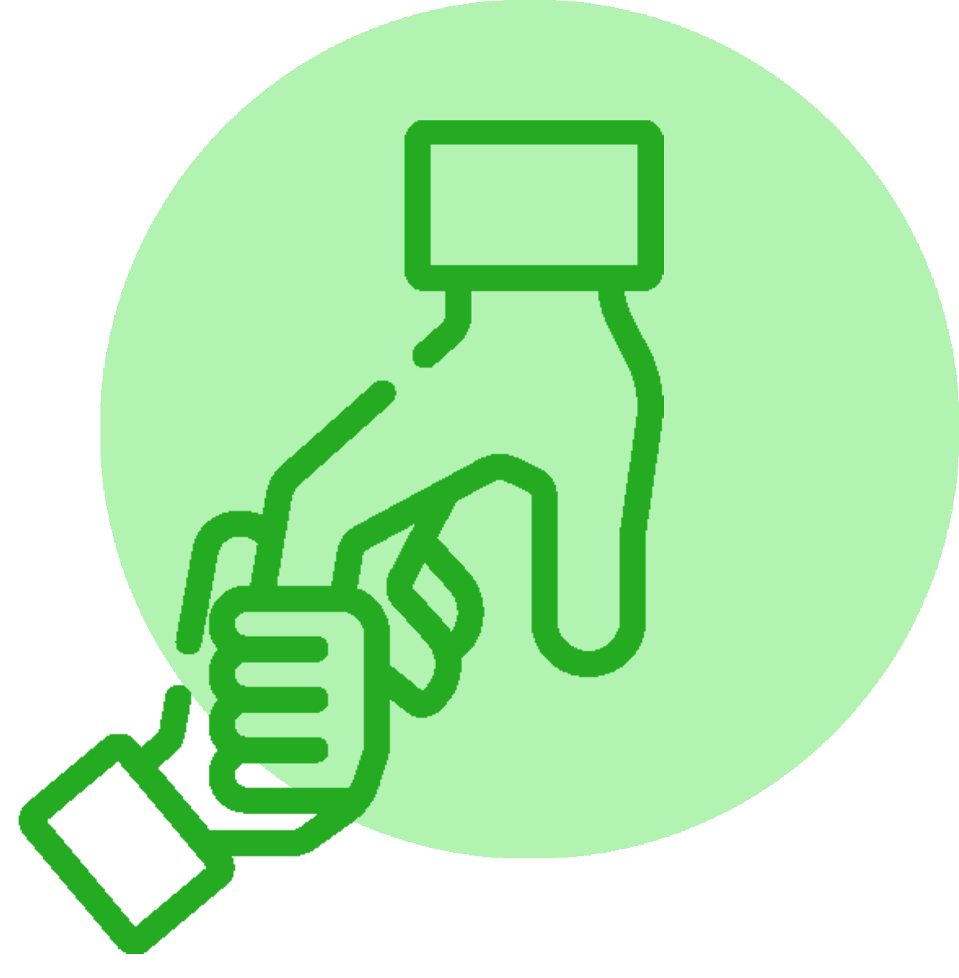 Eine Hand hält eine Karte in einem grünen Kreis.