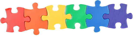 Eine Reihe regenbogenfarbiger Puzzleteile auf weißem Hintergrund.