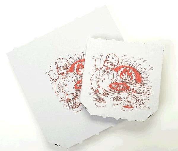 Dos cajas de pizza con un chef haciendo una pizza en ellas.