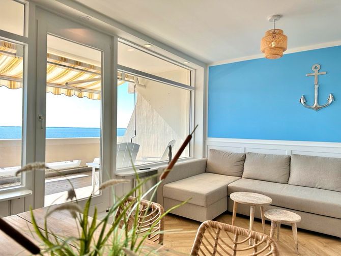 Wohnraum der Ferienwohnung Himmel & Meer in Sierksdorf mit Meerblick