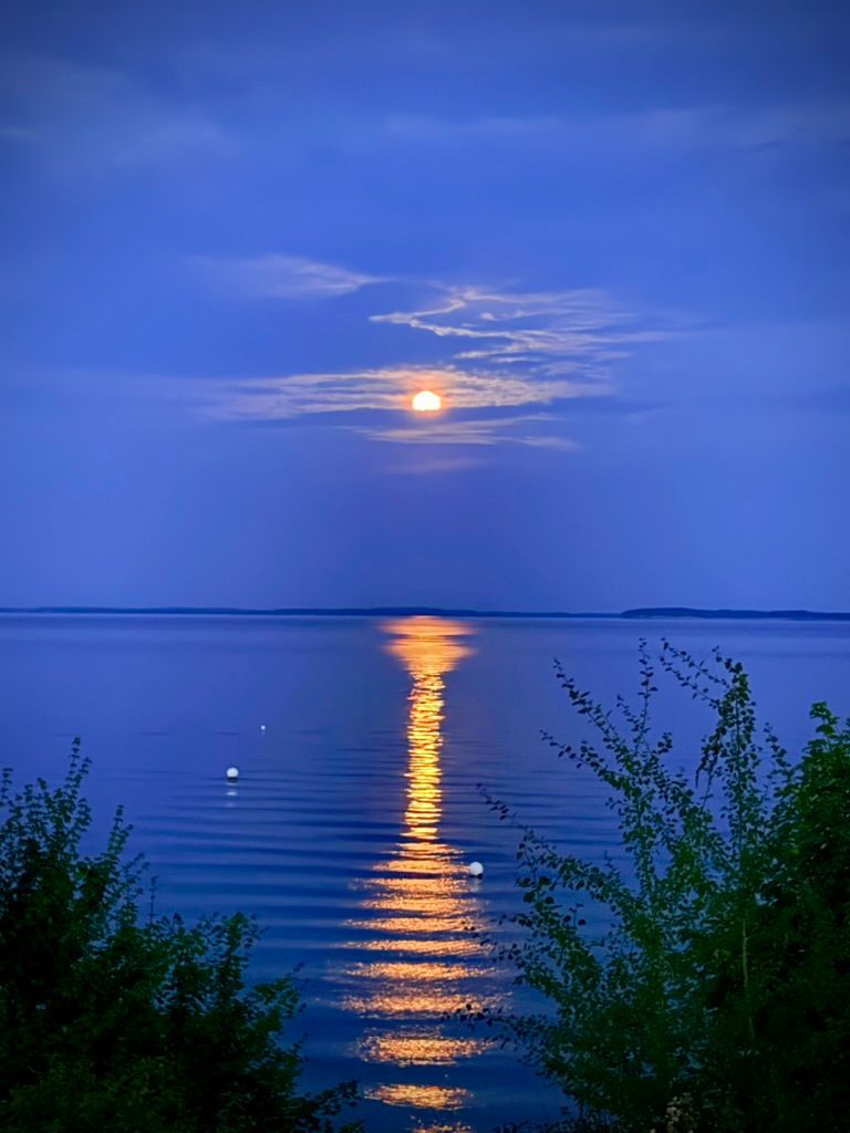 Mondaufgang über der Ostsee mit goldener Mondspiegelung auf dem ruhigen Wasser zur blauen Stunde, Meerblick vom Balkon der Fewo Traumblick in Sierksdorf
