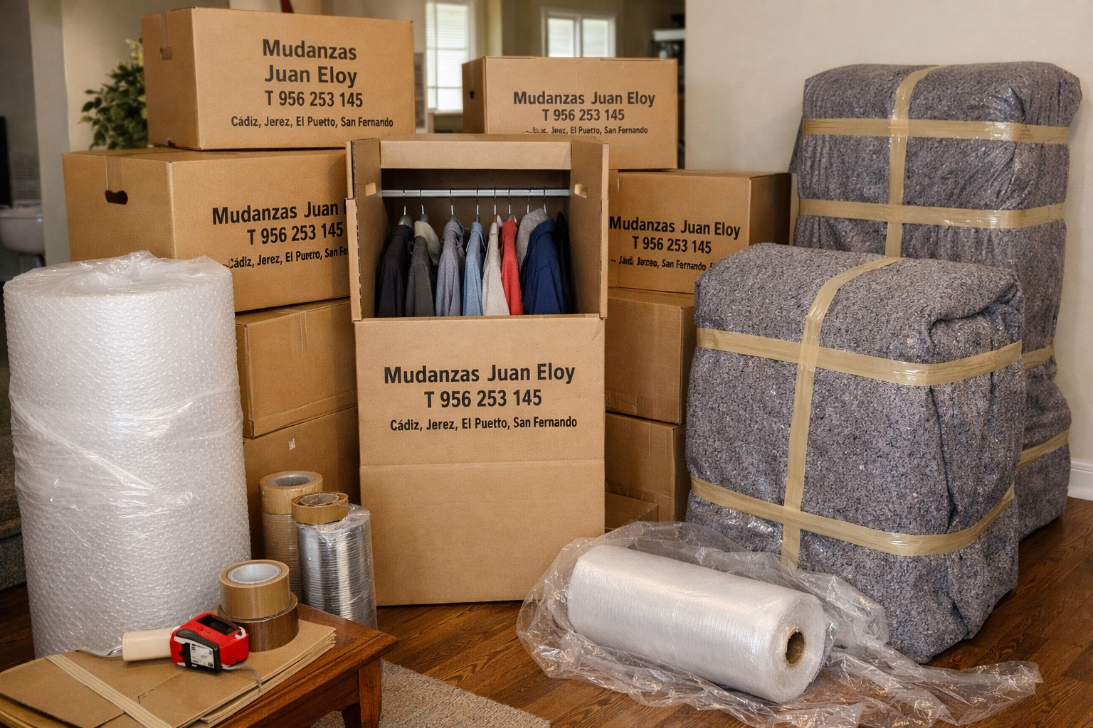 Cajas de mudanza, cajas de armario, plástico de burbujas, cinta de embalaje, listo para una mudanza dentro de una casa.