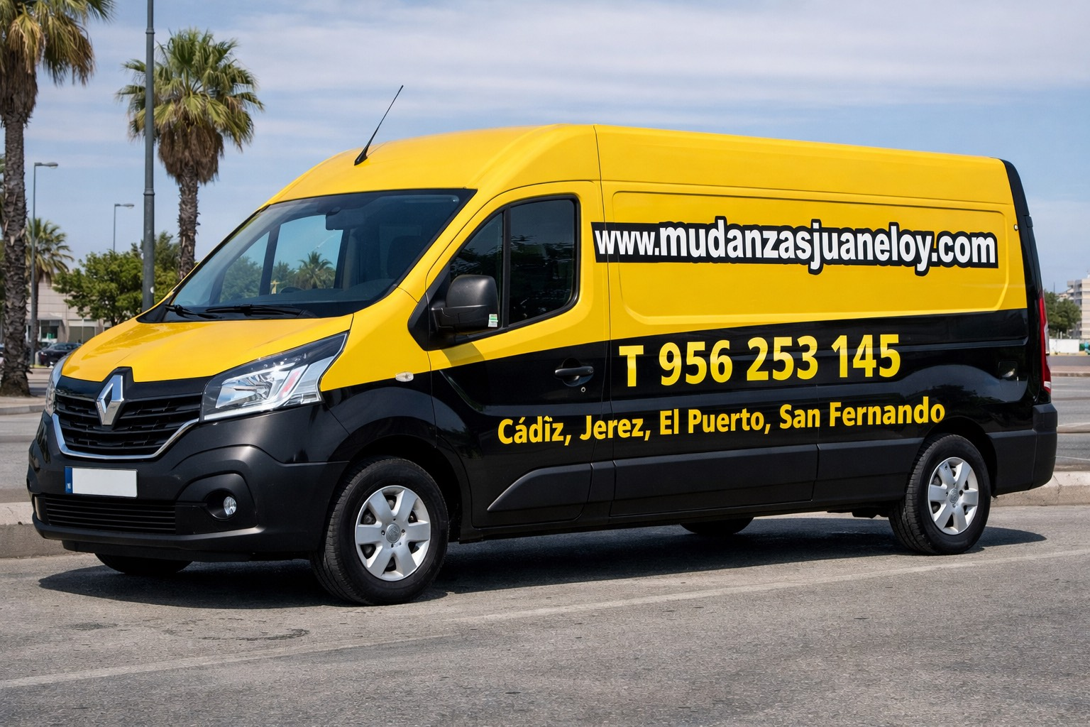 Camión de mudanzas amarillo y negro con el logo 
