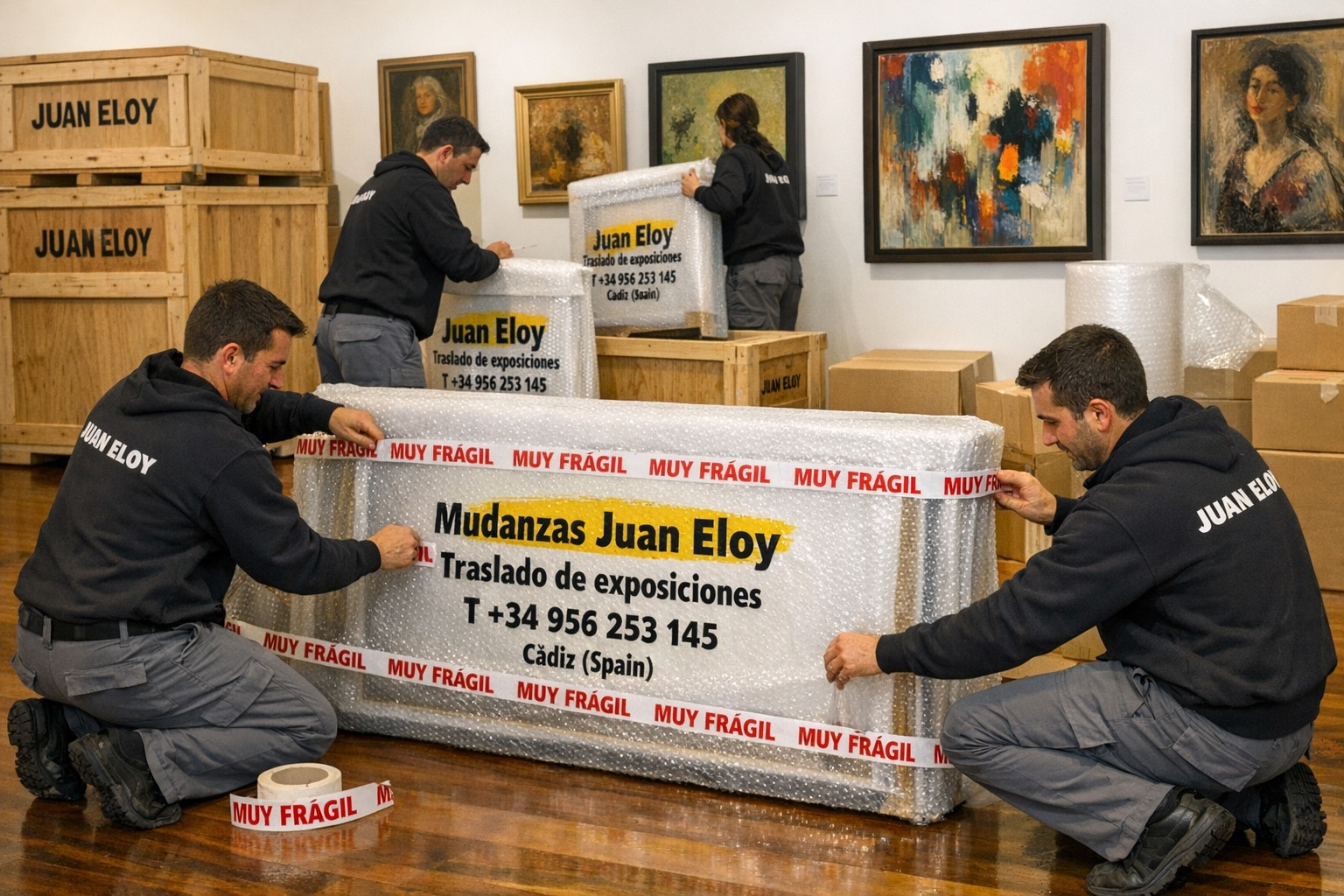 Los transportistas envuelven y fijan con cinta adhesiva una obra de arte enmarcada, marcada