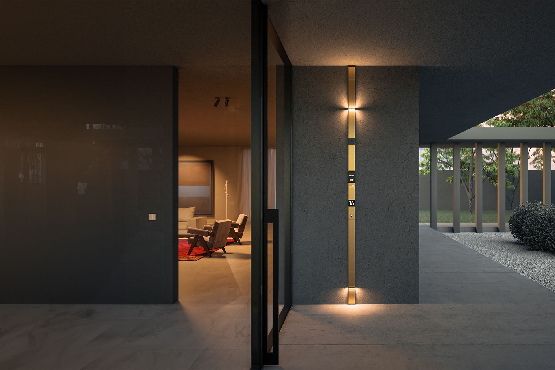 Moderner Hauseingang mit integrierter Außenbeleuchtung und Smart-Home-Steuerung