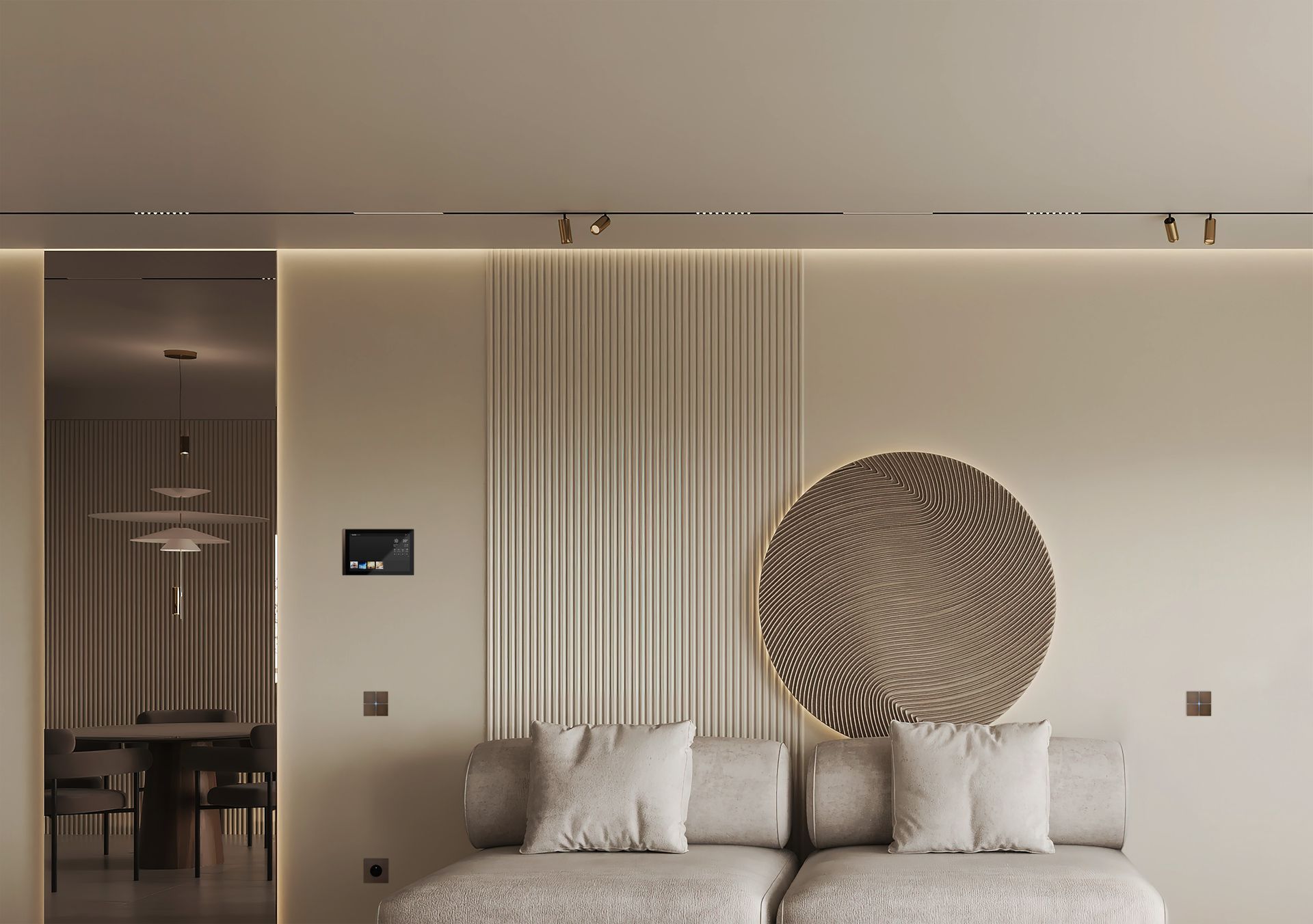 Modernes Wohnzimmer mit integrierter Licht- und Smart-Home-Steuerung