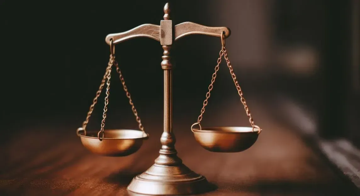 Una balanza de la justicia de color latón, colocada sobre una superficie de madera oscura contra un fondo oscuro y borroso.