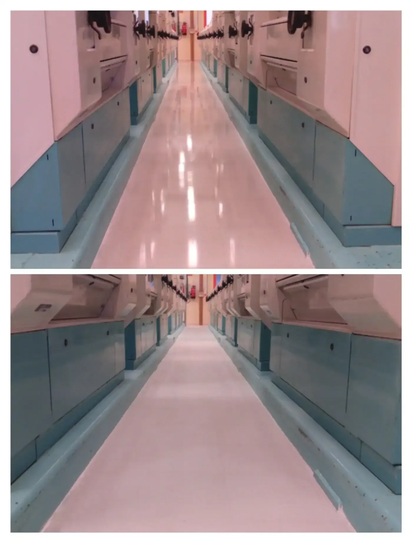 Dos imágenes de un pasillo estrecho de fábrica con piso blanco y maquinaria con detalles en verde azulado.