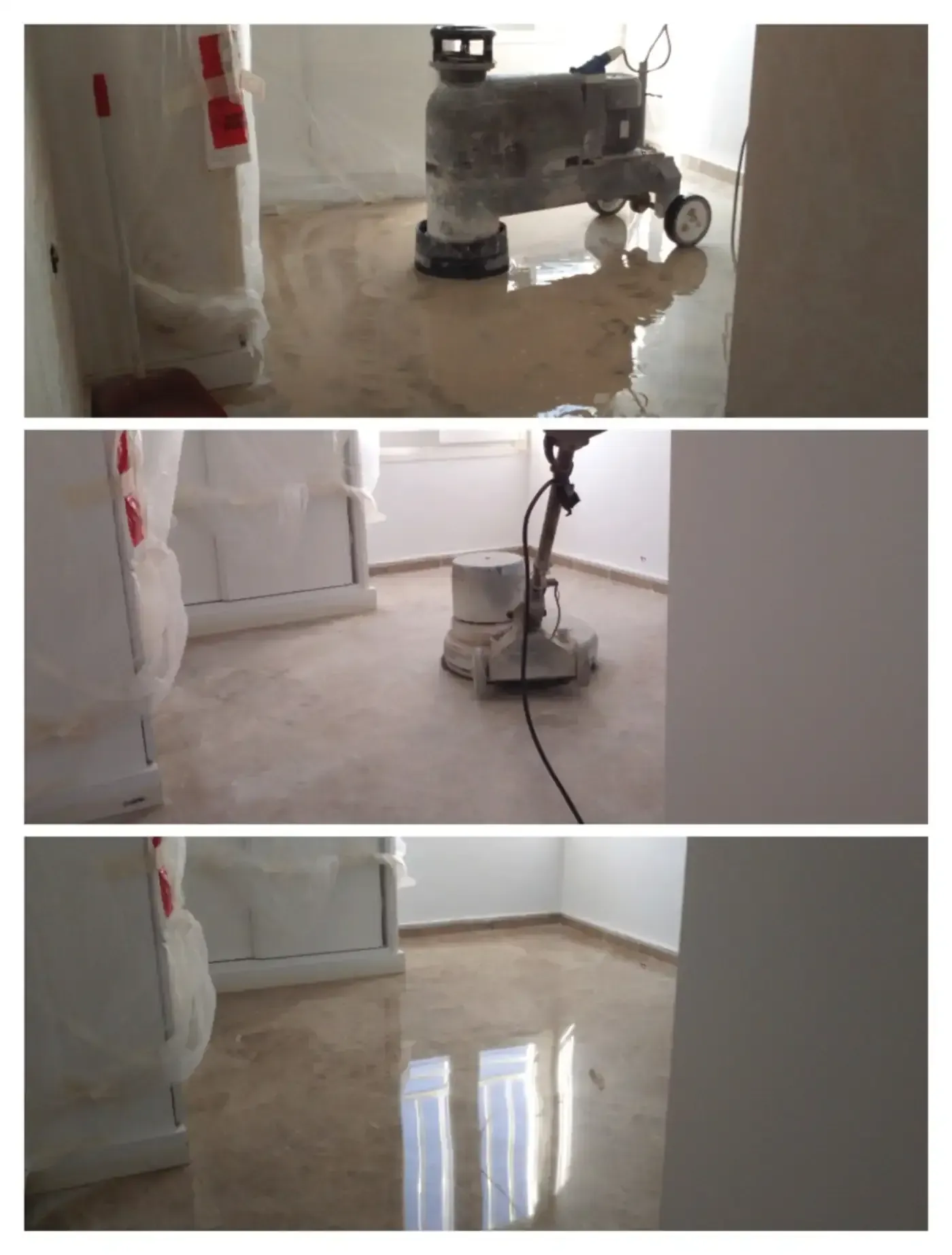 Amoladora de suelos en uso, creando una superficie pulida y brillante; ajuste interior.