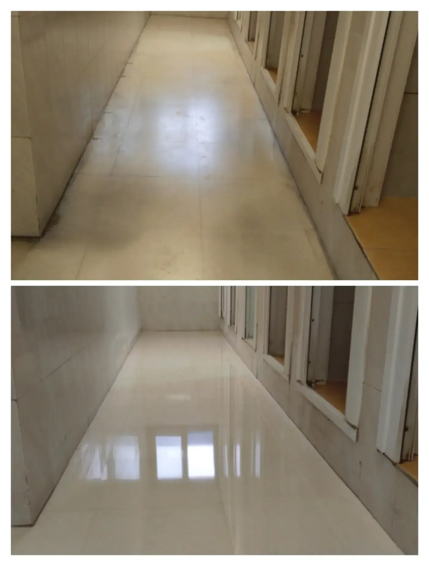 Foto antes y después de la limpieza/pulido. El suelo se ve más limpio y con más reflejo en la segunda imagen.