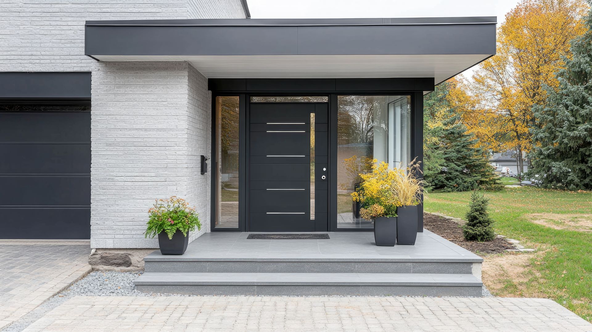 Entrée de maison moderne avec porte noire, imposte vitrée et marches.