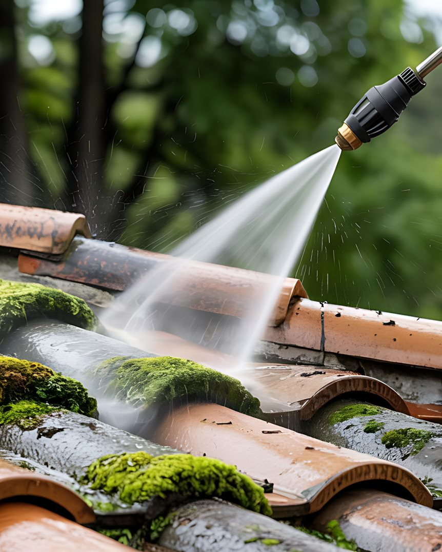 Nettoyage à haute pression d'un toit de tuiles recouvert de mousse.