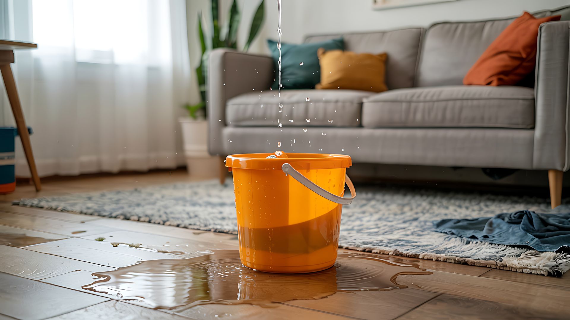 De l'eau s'écoule dans un seau orange posé sur un parquet, entouré d'une flaque d'eau dans un salon.