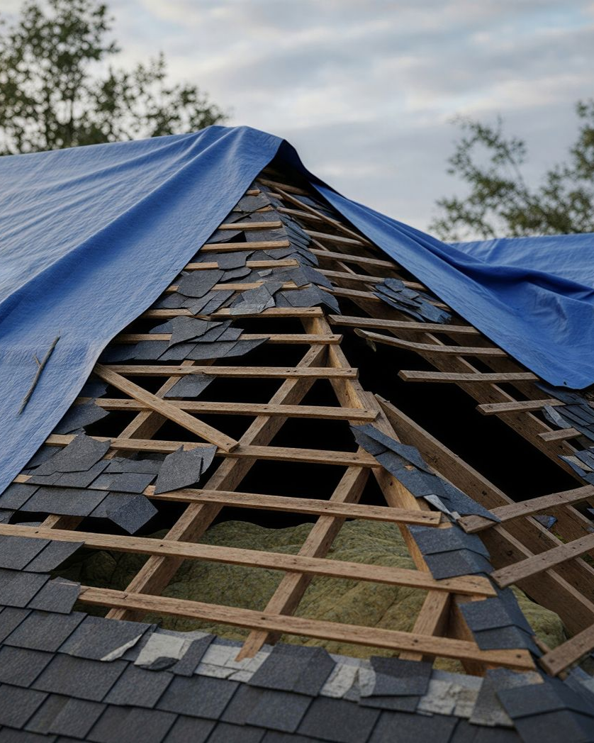 Toiture endommagée avec des tuiles manquantes recouvertes d'une bâche bleue ; poutres en bois apparentes.