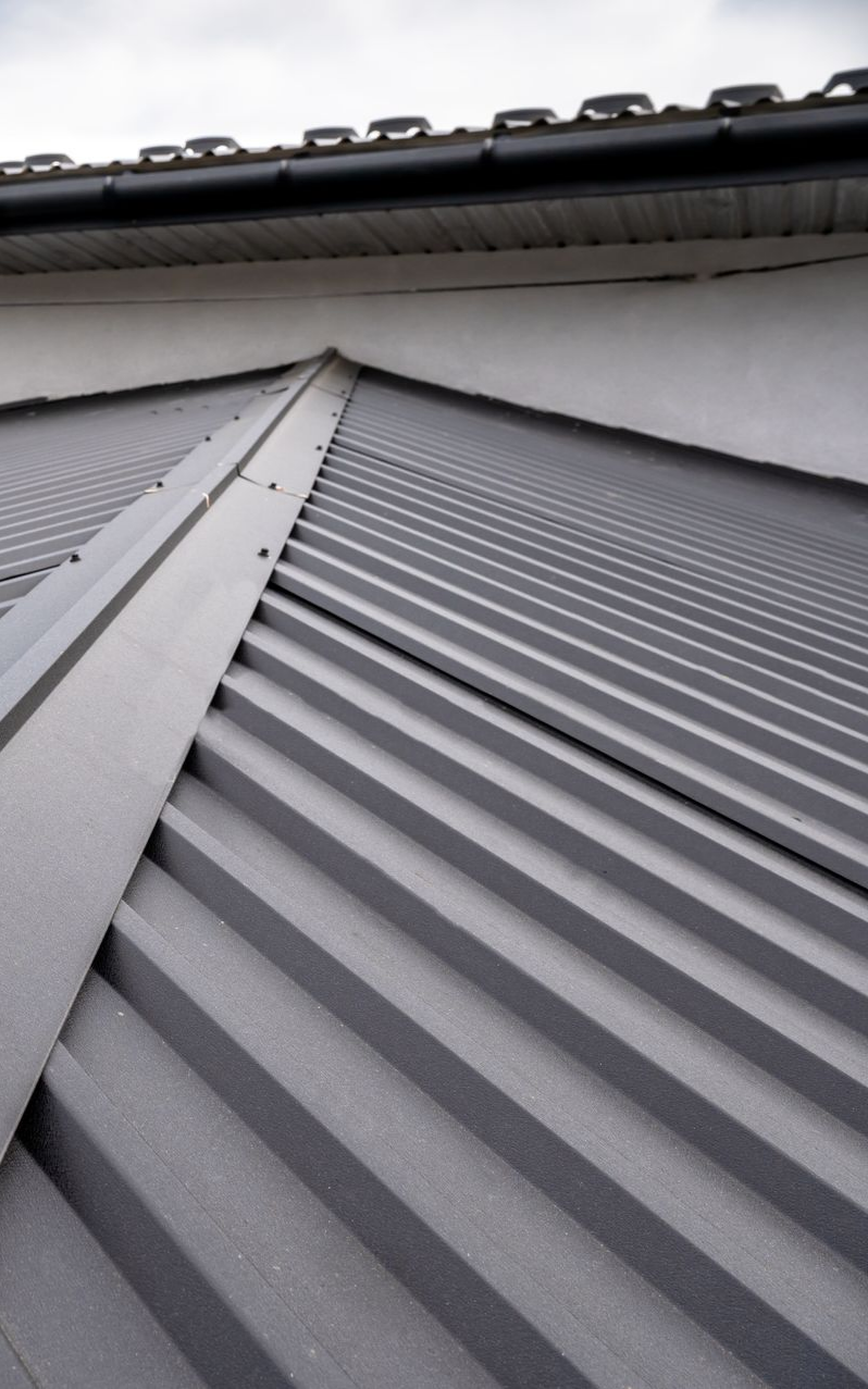 Toiture en tôle ondulée grise avec faîtage et gouttière sous un ciel couvert.