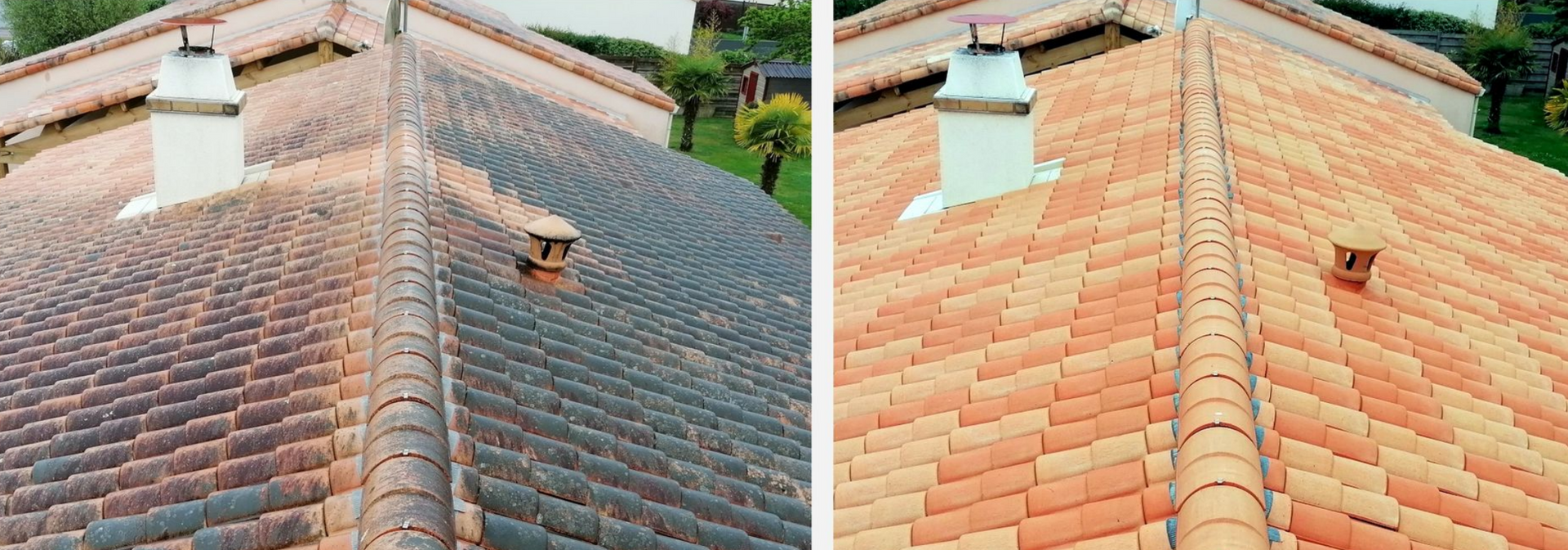 Comparaison avant et après le nettoyage d'une toiture, montrant les tuiles avant et après le nettoyage.