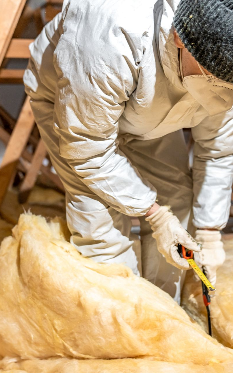 Une personne en combinaison de protection découpe de l'isolant dans un grenier.