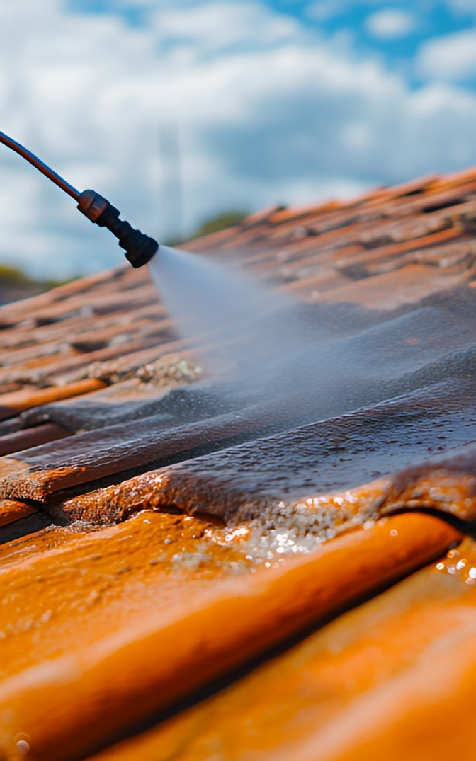Nettoyage à haute pression d'un toit en tuiles de terre cuite, projetant un jet d'eau.