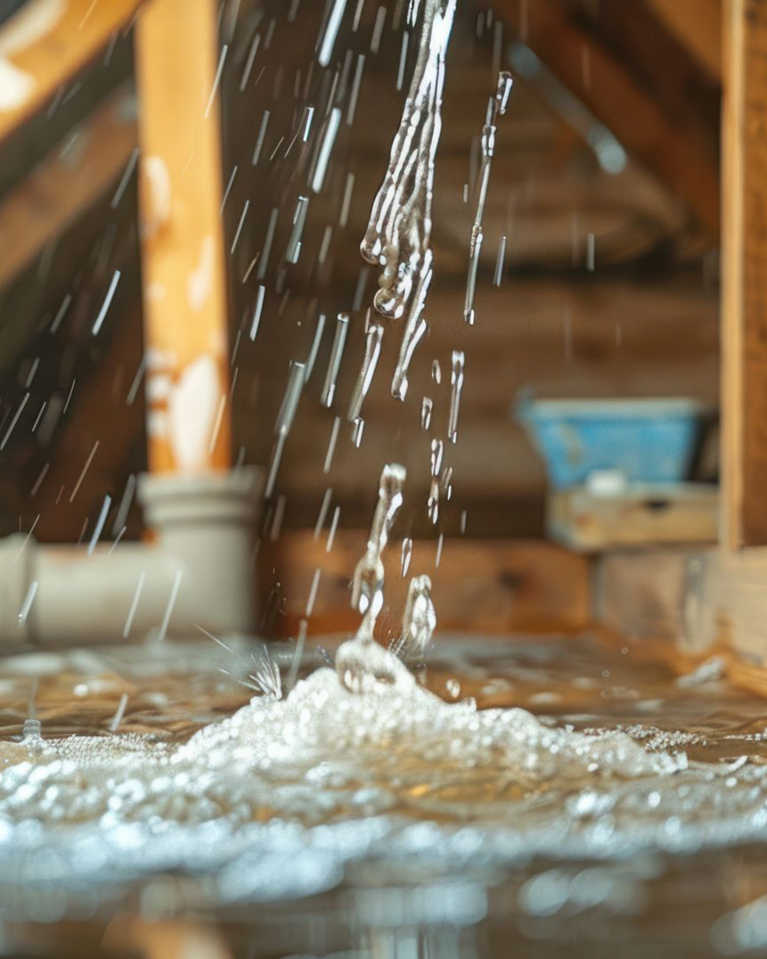 L'eau s'engouffre dans un grenier inondé, éclaboussant la surface, poutres en bois en arrière-plan.