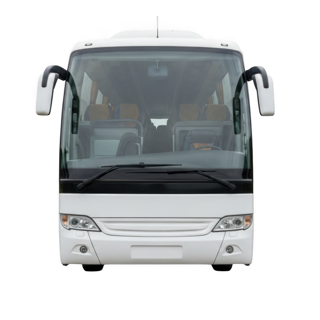 Autobus blanc vu de face avec un fond transparent.