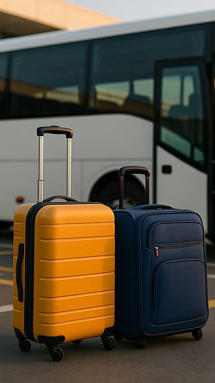 Des valises jaunes et bleues devant un bus blanc.