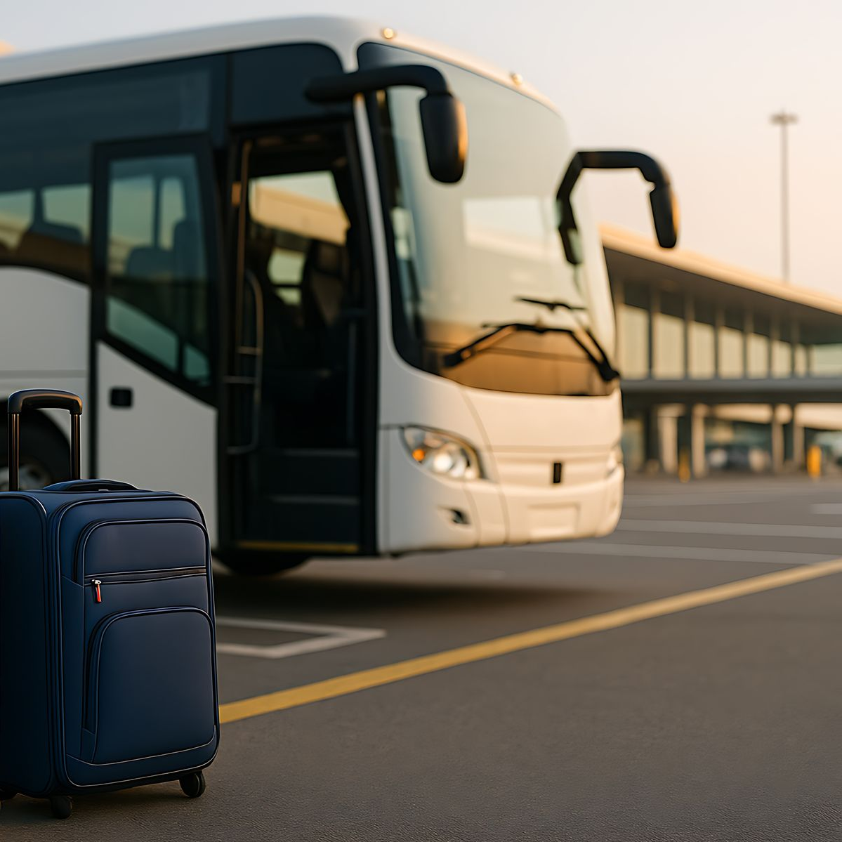 Des valises jaunes et bleues devant un bus blanc.