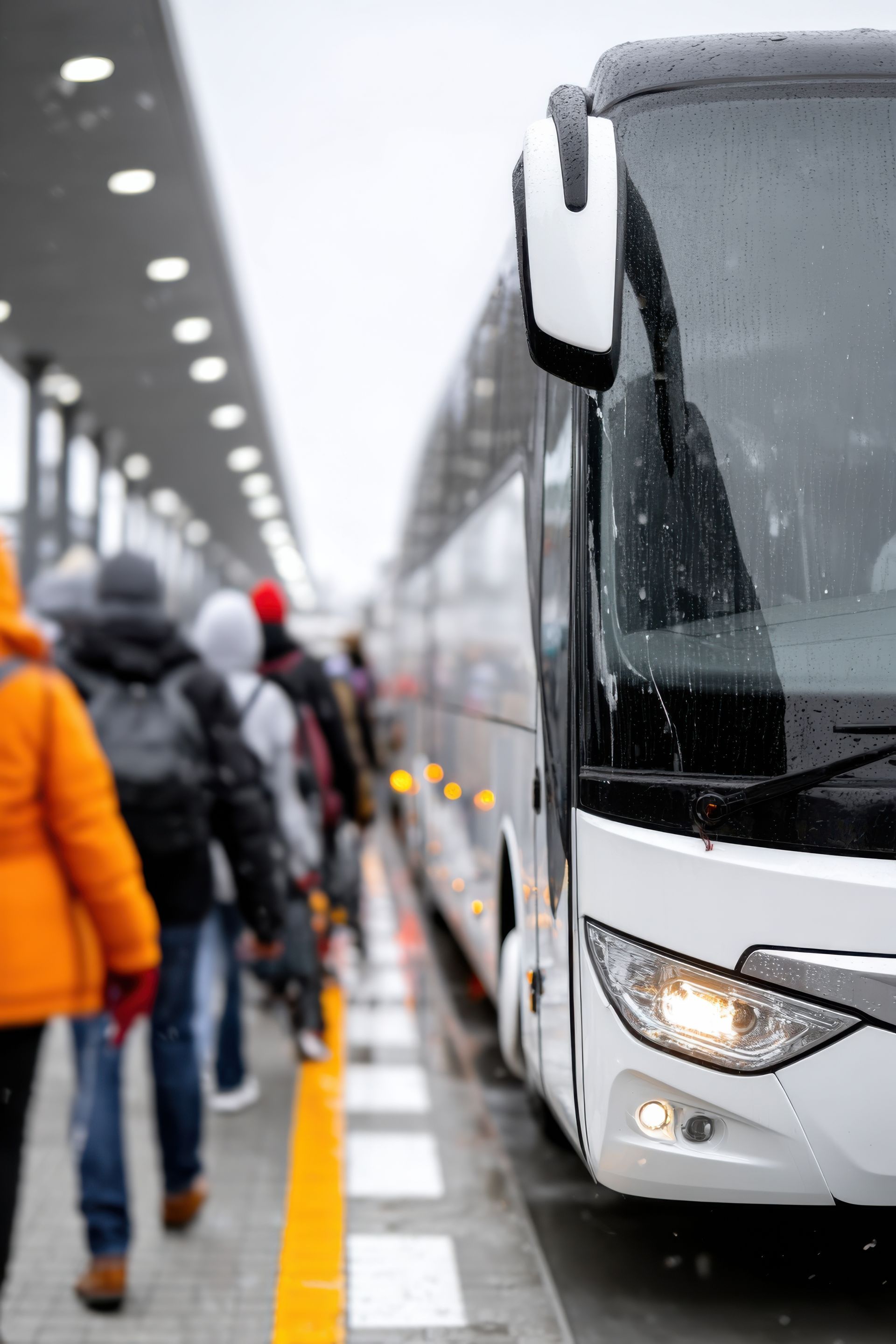 Des passagers montent à bord d'un bus blanc stationné à une gare routière.