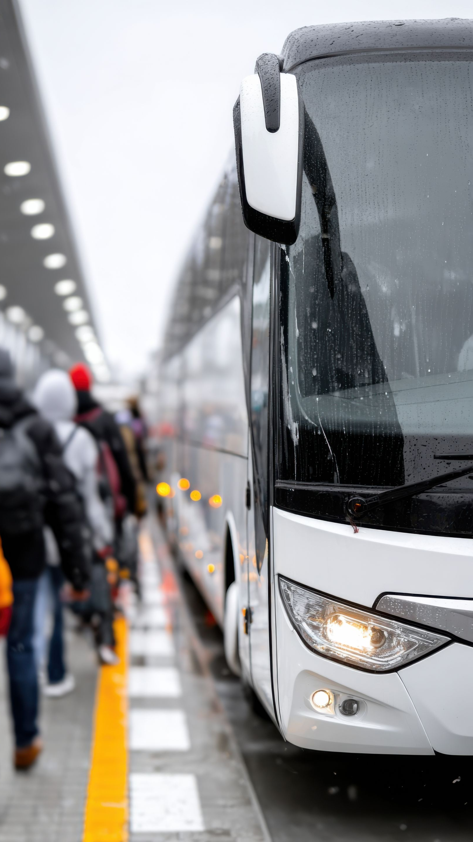 Des passagers montent à bord d'un bus blanc stationné à une gare routière.