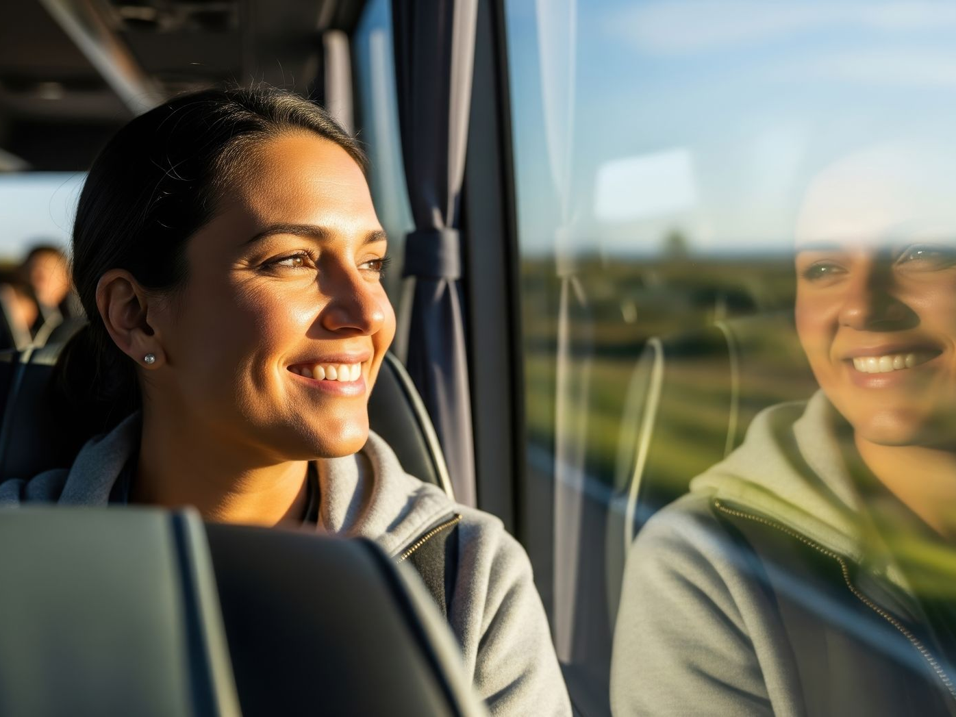 Une femme sourit en regardant par la fenêtre du bus.