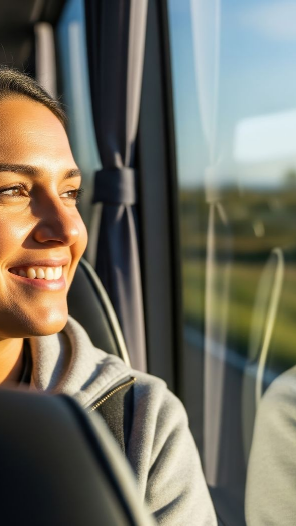 Une femme sourit en regardant par la fenêtre du bus.