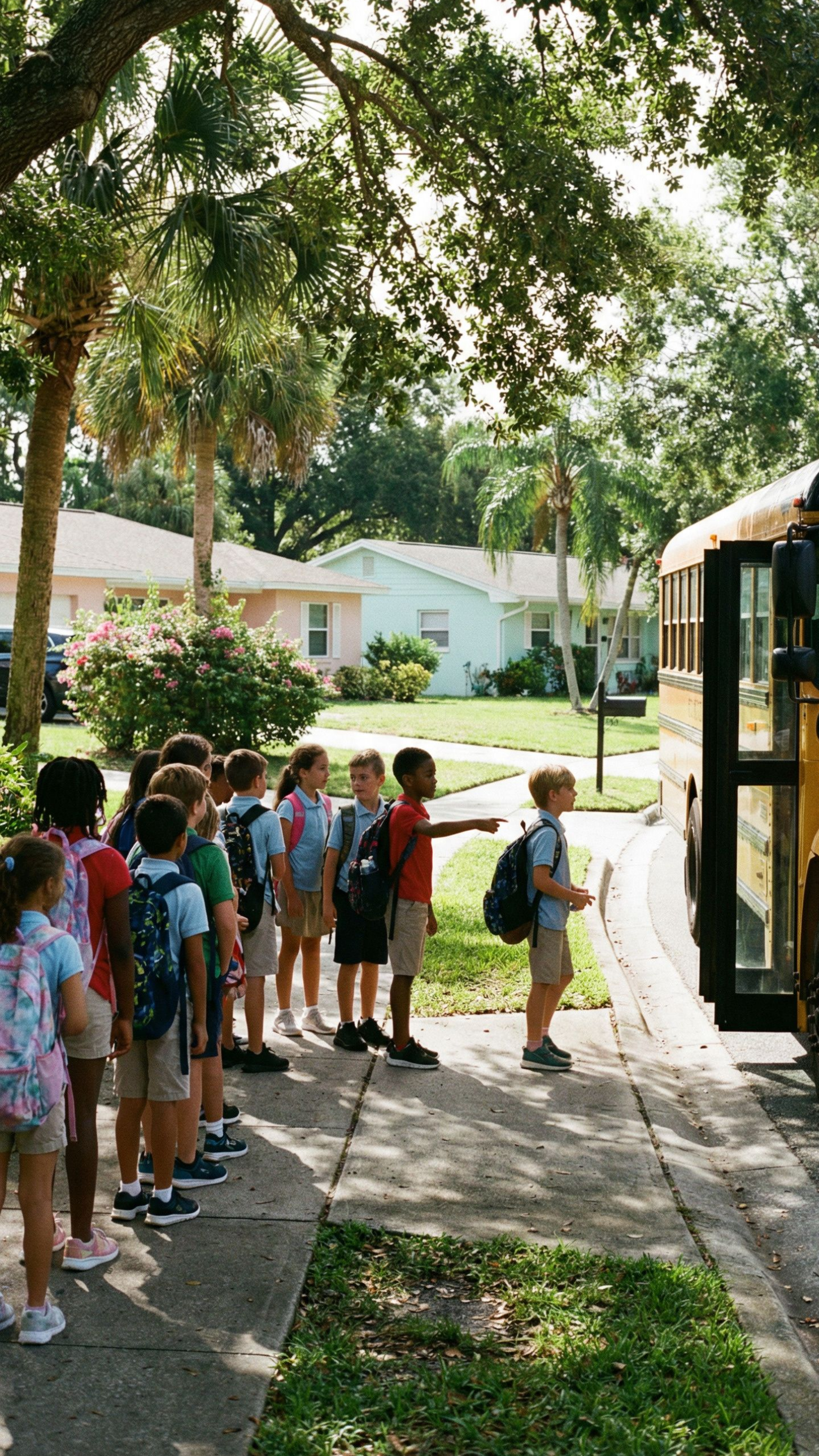 Des enfants font la queue sur le trottoir, devant les maisons, pour monter à bord d'un bus scolaire.