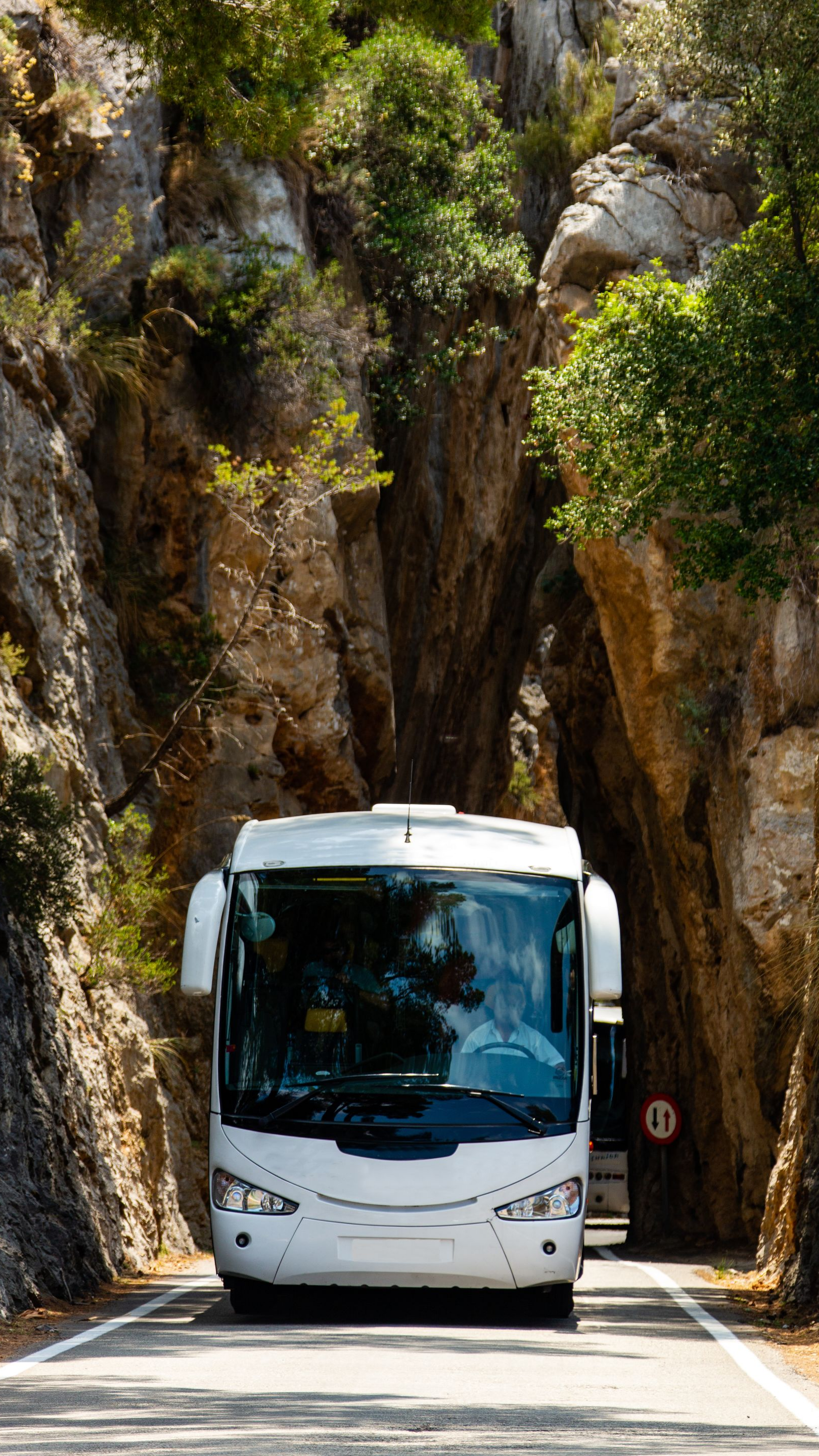 Un bus blanc traverse un col de montagne  étroit, bordé de parois rocheuses et d'arbres verdoyants.