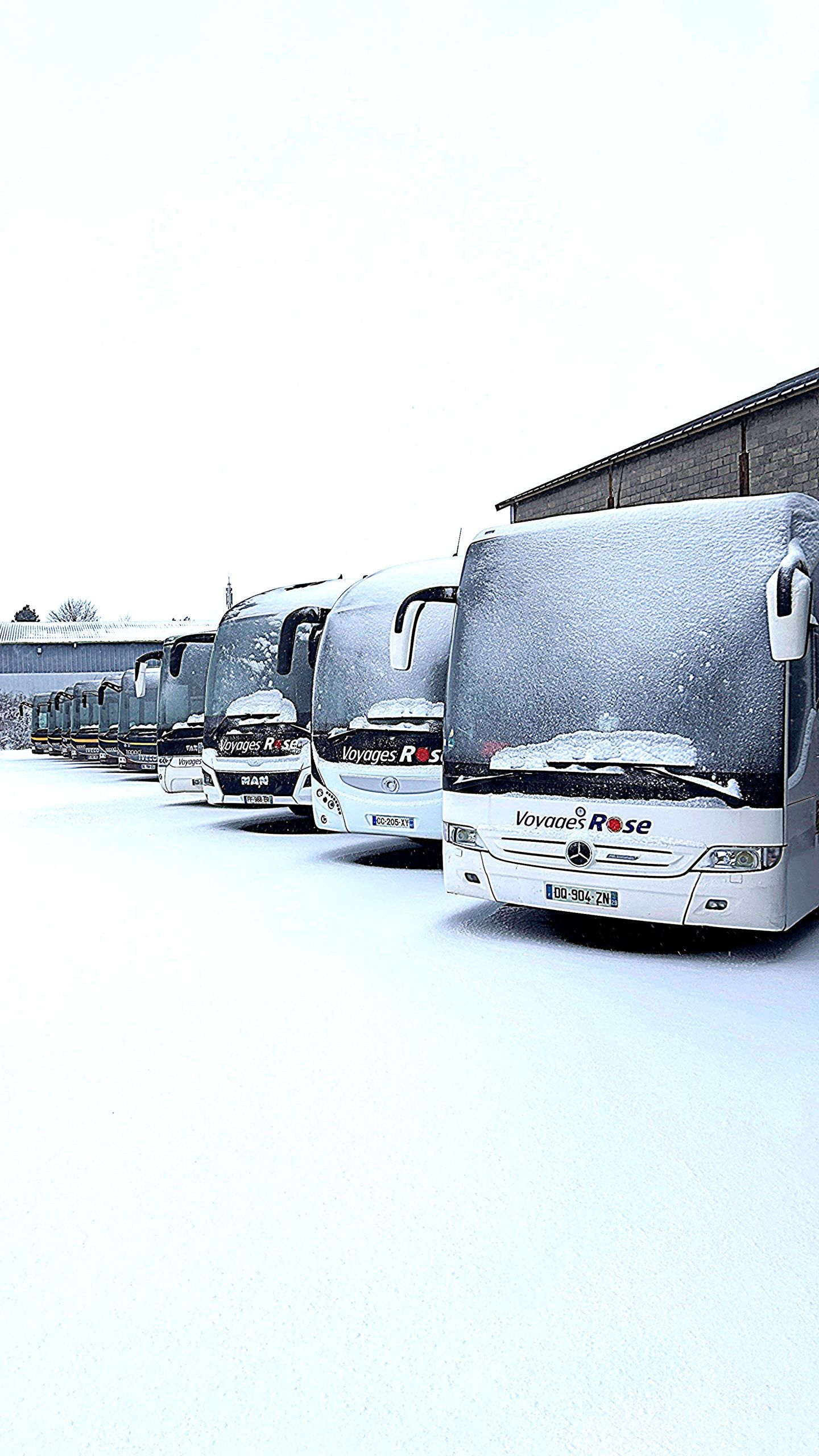 Des autobus sont stationnés dans une zone enneigée, entièrement recouverts de neige.