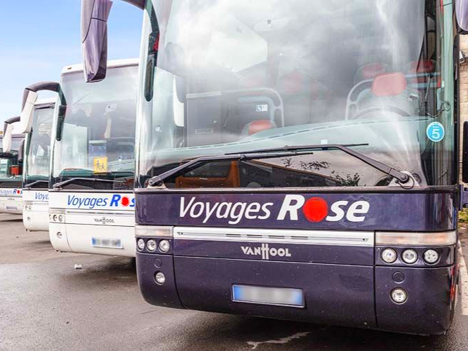 Plusieurs bus de l'entreprise Voyages Rose stationnés les uns à côté des autres.