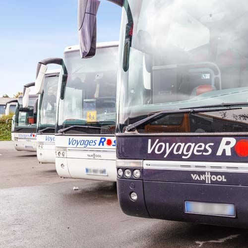 Plusieurs autocars stationnés les uns à côté des autres.