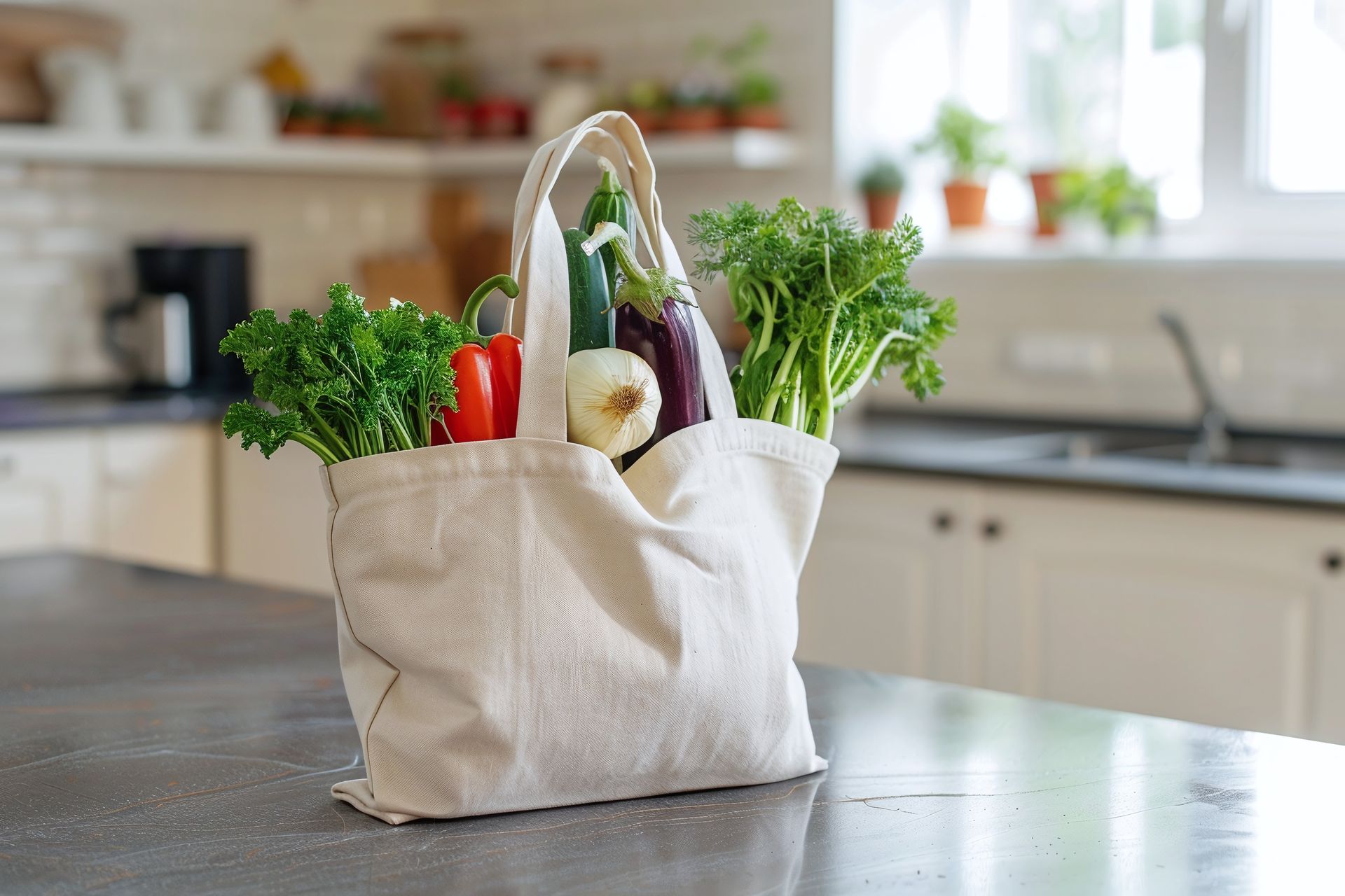 Sac de courses avec des légumes et de l'ail