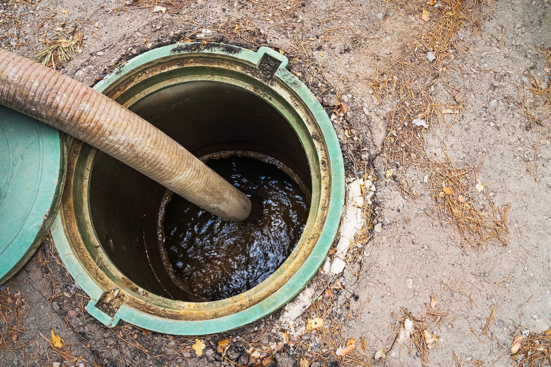 Aspiration du contenu d'une fosse septique avec un tuyau de camion hydrocureur.