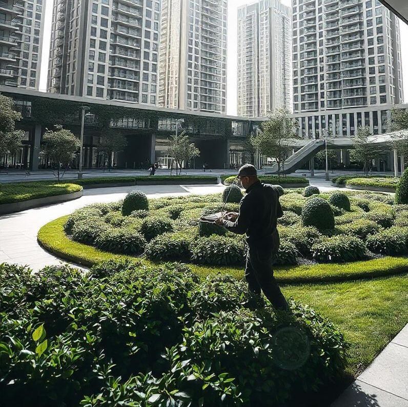 Un hombre está de pie en un jardín con edificios altos al fondo.