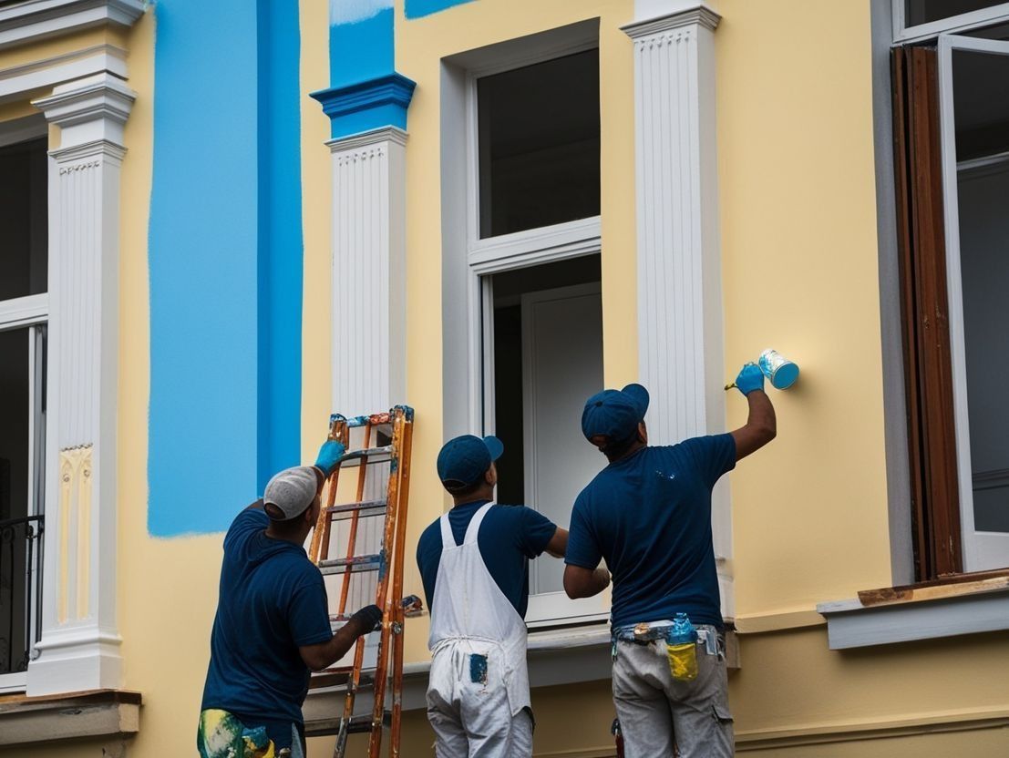 Tres hombres están pintando el costado de un edificio.