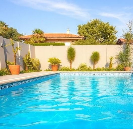 Una gran piscina con una casa al fondo.
