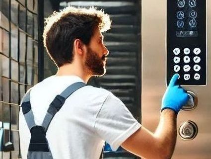 Un hombre que lleva guantes azules está presionando un botón en un ascensor.