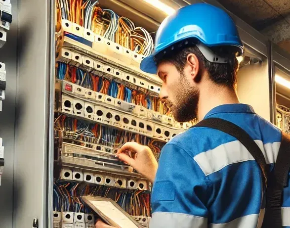 Un hombre que lleva un casco está trabajando en un panel eléctrico.