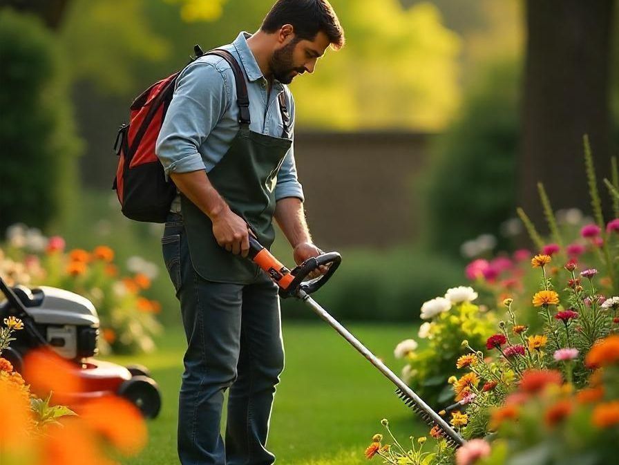 Un hombre está cortando flores en un jardín con una cortadora de césped en el fondo.