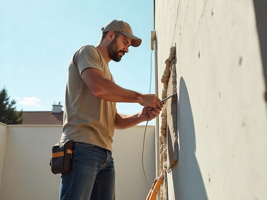 Un hombre está trabajando en una pared con un martillo.