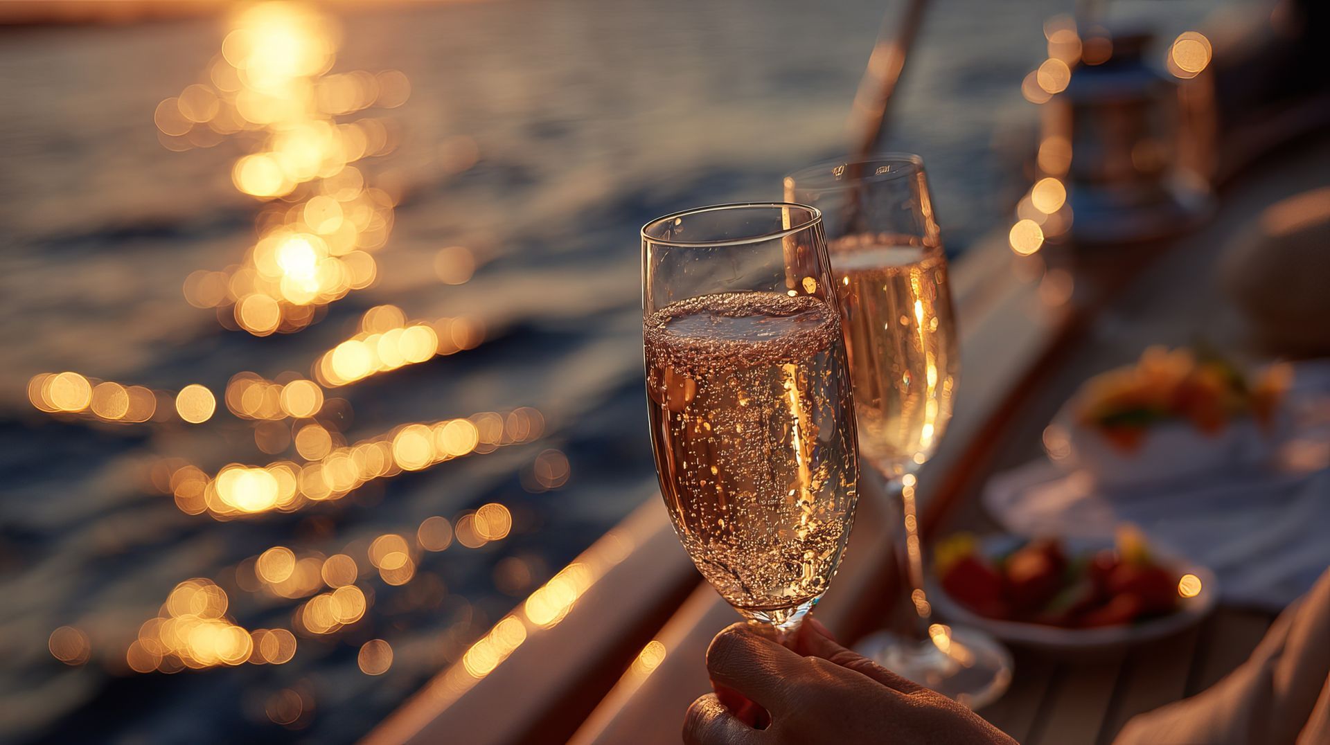 Deux flûtes à champagne posées sur une table au bord de l’eau, au coucher du soleil, baignées de reflets dorés et chaleureux