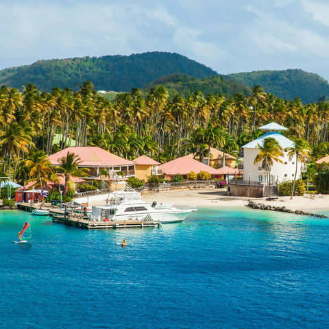 Station balnéaire tropicale avec des palmiers, des bateaux blancs et une eau turquoise au pied de collines verdoyantes