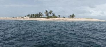 Île tropicale aux eaux turquoise, avec une plage de sable et une végétation luxuriante bordant un littoral rocheux