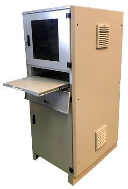 Un mueble de ordenador con un monitor y una bandeja para el teclado.