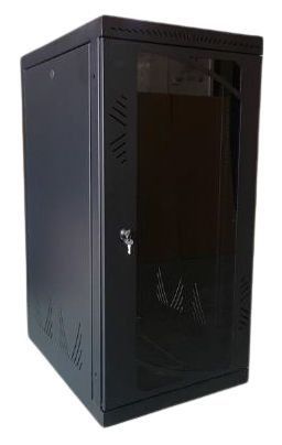 Un armario negro con una puerta de cristal y una cerradura.