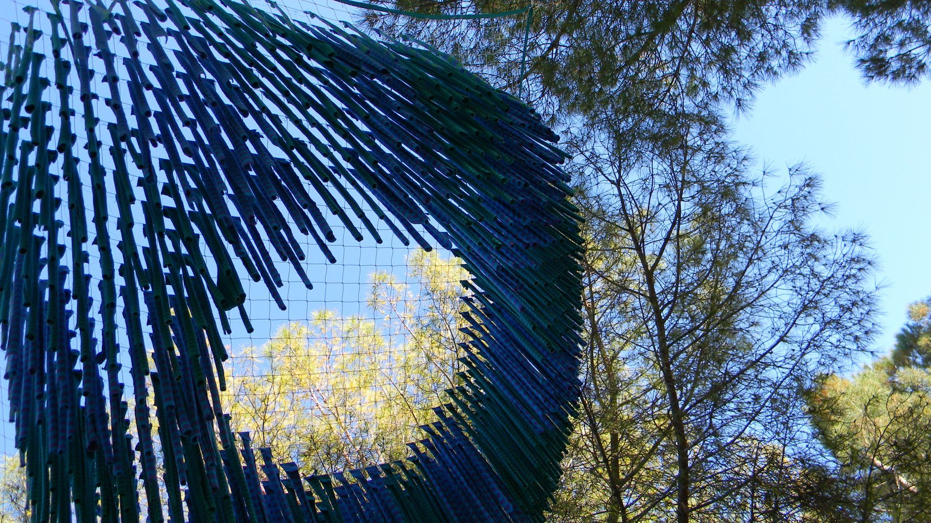 Una escultura sinuosa y multicolor de varillas colgantes suspendida contra un cielo azul brillante y árboles de un verde frondoso.